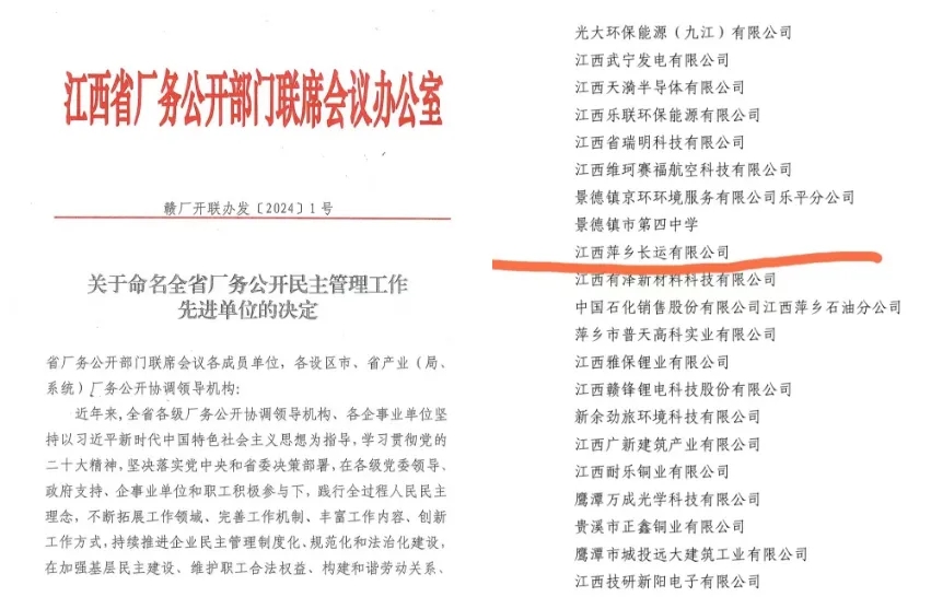 萍乡长运:荣获“江西省厂务公开民主管理先进单位”称号